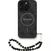 Guess PU Leather 4G barvni obroč trak MagSafe zadnji ovitek za iPhone 16 Pro Max črn