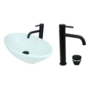 shumee GTM Design Aufsatzwaschbecken 53 cm Glanz Set mit Waschtischbatterie und Stopfen - Aufsatzwaschbecken Oval für Badezimmer - Modern Waschbecken ohne Hahnloch - Waschbecken mit Armature
