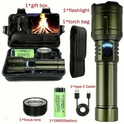 KJB Polnilna LED svetilka 1200 lm z zoomom in izhodom USB Polnilna LED ročna svetilka USB-C z zoomom, zelena, komplet