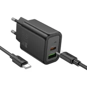 Hoco Mrežni polnilnik za telefon Hoco USB-A + USB-C QC3.0 PD 3A 20 W + kabel USB-C na USB-C N61, črn