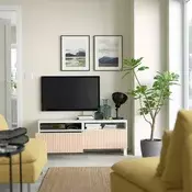 BESTA TV stalaža s fiokama, bela/Björköviken/Stubbarp brezov furnir, 120x42x48 cm