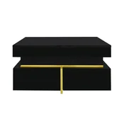 SONNENH Kvadratna klubska mizica, črna, 70 x 70 x 35,5 cm, visok sijaj, 2 nasprotna predala in zlati detajli, iz ivernih plošč, za dnevno sobo