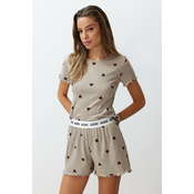 Trendyol Mint Heart Motto Printed Elastic Detail Ribbed Knitted Pajamas Set