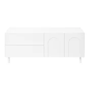 SONNENH Bela klubska mizica, 100 x 50 x 39,5 cm, 2 predala in 2 vrata z reliefnimi loki, PB in MDF korpus ter valjaste jeklene noge