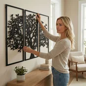 WallXpert metalni zidni ukras 5121, drvo sa pticama u 3 uramljena panela, 110 x 75 cm, crni