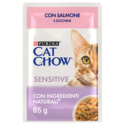slomart Purina Cat Chow Sensitivna hrana za mačke z lososom in bučkami v omaki - 85 g, za zaščito prebavnega sistema