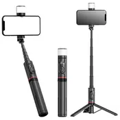 Selfie stick Techsuit Q12S s stabilnim stojalom, Bluetooth daljincem in LED lučko 75cm - črn