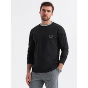 Ombre Mens cotton longsleeve with striped U neckline and embroidery - black