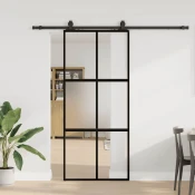 vidaXL Drsna vrata z opremo črna 90x205 cm kaljeno steklo