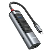 HUB postaja Havit 5v1 HB22 s štirimi USB izhodi - 3x USB-A, 1x USB-C in HDMI - 100W, 5Gbps in 4K - siv - USB-C priključek