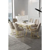 Hanah Home trpezarijski set Epal, sto i 6 stolica, ploca u dekoru belog mermera, zlatne noge, kapucino tkanina Babyface