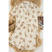 Trendyol Curve Beige Teddy Bear Patterned Shirt Collar Viscose Woven Pajama Set