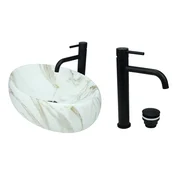 shumee GTM Design Aufsatzwaschbecken 48 cm Matt Set mit Waschtischbatterie und Stopfen - Aufsatzwaschbecken Oval für Badezimmer - Modern Waschbecken ohne Hahnloch - Waschbecken mit Armature