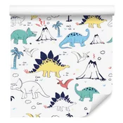 Fototapeta z dinozavri in palmami ter vulkani za dnevno sobo in spalnico 50x1000 cm