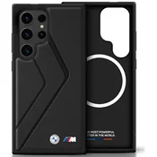 Ovitek BMW usnjen ovitek z velikimi črtami in MagSafe za Samsung Galaxy S25 Ultra črn (BMHMS25L24PUOCSK)
