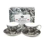 Komplet skodelic in krožnikov, črno-bel porcelan, rože, 250 ml