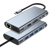 Adapter Type C na LAN Gb/ SD card/ TF/ Type C/ 4xUSB 3.0/ Audio/ HDMI i VGA 11 u 1 20cm kabl