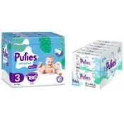 Pelene za bebe Pufies Sensitive - Midi, velicina 3, 186 komada, 6-10 kg + vlažne maramice, 12 x 64 komada