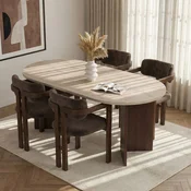 Hanah Home trpezarijski set Meridia, ovalni sto i 4 stolice sa rukonaslonima, travertin, orah Milano i tamni orah, braon šenil tkanina