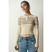 Happiness Istanbul Womens Cream Brown Buttoned Collar Ribbed Crop Knitwear Blouse