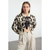 Trendyol Stone Leopard Patterned Crop Knitwear Cardigan