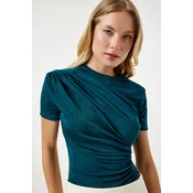 Happiness Istanbul Womens Emerald Green Gathered Detailed Viscose Blouse