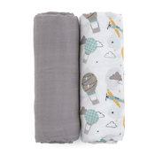 PETITE&MARS Odeja iz bambusa iz muslina 2 kosa Misty Grey Planes 2v1, 120 x 120 cm