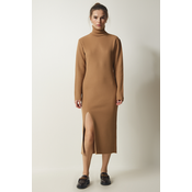 Happiness Istanbul Womens Biscuit Turtleneck Slit Knitwear Dress