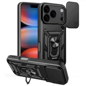 Oklepni ovitek MaX-Armor z obročem, kovinsko ploščico in zaščito zadnjih kamer za iPhone 17 Pro - črn
