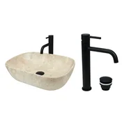shumee GTM Design Aufsatzwaschbecken 46 cm Matt Set mit Waschtischbatterie und Stopfen - Aufsatzwaschbecken Oval für Badezimmer - Modern Waschbecken ohne Hahnloch - Waschbecken mit Armature