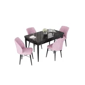 Hanah Home trpezarijski set Nef, sto na razvlacenje i 4 stolice, ploca u dekoru crnog mermera, roze tkanina Jerry