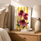 WallXpert rucno slikana uljana slika na platnu YBC11862, ružicaste ehinacee na žuto-belim prugama, 26 x 36 cm