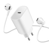 AVIZAR Paket 2 v 1: 20 W USB-C omrežni polnilnik 3,5 Jack žicne slušalke s kompletom za prostorocno telefoniranje - bele, (20731551)