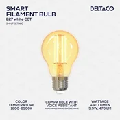 DELTACO SMART HOME LED filament žarulja, E27, WiFI 2.4GHz, 5.5W, 470lm, 1800K-6500K,220-240