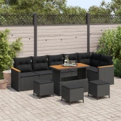 vidaXL 10-delni vrtni sofa set z blazinami črn poli ratan akacija