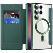GS Ovitek za Samsung Galaxy S24 Ultra z naslonom, RFID denarnica MagSafe z zaščito kamere, zelen