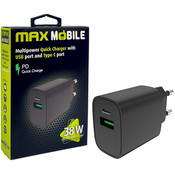 Max Mobile 38W PD Quick Charge 3.0, USB-A, USB-C, crni