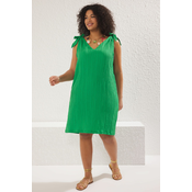 Trendyol Curve Green Bow Detail Crinkle Textured Fabric Plus Size Beach Dress