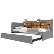 SONNENH Enojna postelja, 90 x 200 cm, lan, siva, 207 x 101.5 x 83.5 cm, priključek usb, za spalnico