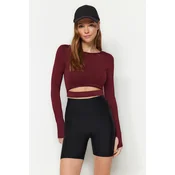 Trendyol Burgundy Crop Window/Cut Out and Thumb Hole Detail Knitted Sports Top/Blouse