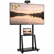 HOMCOM Stojalo za TV s tal od 32 do 75 palcev, voziček za TV s kolesi z zavoro, višina nastavljiva IN polica multimedijska, za zaslone LCD/LED/OLED maks VESA 400x600 mm, nosilnost maks. 50 kg, črna