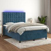Greatstore Box spring postelja z vzmetnico LED temno modra 140x190cm žamet