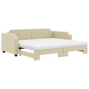 Vidaxl Izvlečna dnevna postelja z vzmetnico krem 100x200 cm blago