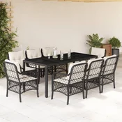 9-dijelni vrtni blagovaonski set s jastucima crni od poliratana Crna 190 cm table length