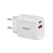 APPROX punjač za telefon - USB Type-C, USB-A priključak, 20W brzi punjač + 1m USB Type-C kabel, bijeli APPUSBWALL20W