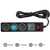 GSC Podaljšek 3 vtičnice 1,4m + stikalo črn + 2usb