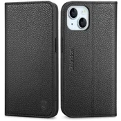 SHIELDON Usnjena Preklopna Torbica za iPhone 15 – Denarnica RFID + Stojalo (Litchi Črna)