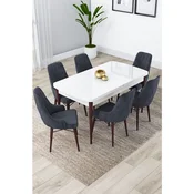 Hanah Home trpezarijski set Lia, sto na razvlacenje i 6 stolica, bela ploca, noge boje oraha, antracit tkanina Babyface