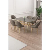 Hanah Home trpezarijski set Jita, sto i 6 stolica, antracit ploca Irony, zlatne noge, kapucino tkanina Babyface