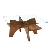 SONNENH Kvadratna klubska mizica 80 x 80 x 40 cm, prozorna plošča iz varnostnega stekla 6 mm, križno MDF-podnožje z odprtima policama, orehov lesni videz